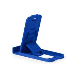 A blue phone stand with a foldable design, featuring a base for stability and a slot for device support.