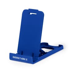 A blue phone stand with a logo, designed for holding mobile devices at various angles.
