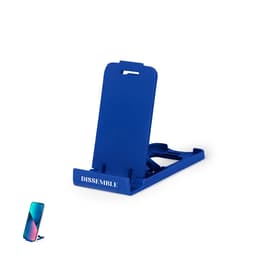 A blue phone stand featuring a logo, designed to hold smartphones in an upright position.