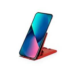 A red phone stand with an adjustable angle, holding a smartphone displaying a vibrant screen.