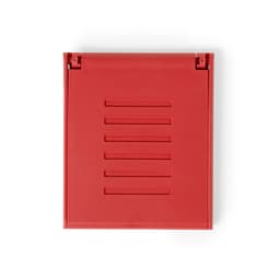 A red phone stand featuring a slatted design and a simple folding mechanism. Includes a branding logo.