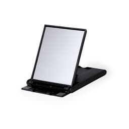 A black phone stand with a reflective mirror surface, featuring a hinge for adjustable viewing angles.