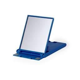 A blue phone stand with a mirror surface, featuring a foldable design and a simple logo.