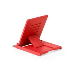 A red phone stand with a sleek design and adjustable back support, featuring a logo on the base.