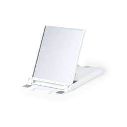 A white phone stand with a tilt-adjustable design and a reflective surface. It features a simple, modern aesthetic.