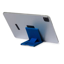 A blue phone stand supporting a silver tablet, featuring a horizontal design with a textured back.