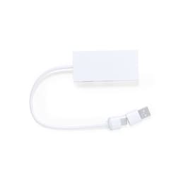 A white USB hub with a connected cable, featuring a logo on the surface.