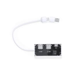 A white USB hub with multiple ports and a connecting cable. The underside features a black circuit board design.