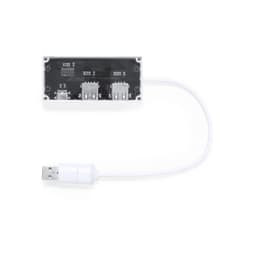 A USB hub featuring a white cable with multiple ports, set against a metallic background. It includes a logo.