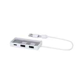 A white USB hub featuring three USB ports and a USB-C connector, with a connected cable.