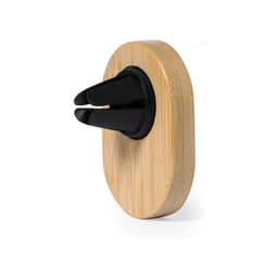 A car phone holder made of bamboo and black plastic, featuring a sleek, oval design.