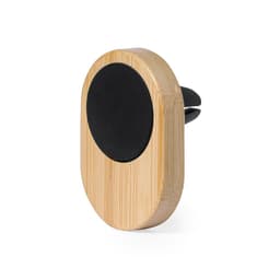 A car phone holder made of bamboo with a black circular grip for secure mounting. Features a sleek, natural design.