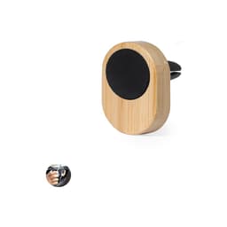 A car phone holder with a bamboo finish and a black circular grip, designed for mounting smartphones.