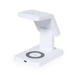 A white wireless charger with a sleek stand design, featuring a circular charging pad and a logo.