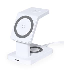A wireless charger in white with a sleek design, featuring two charging pads and a visible cable connection.