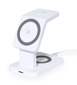 A wireless charger in white with a grey circular charging area and a modern, upright design.