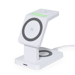 A wireless charger in white with a sleek, modern design and an LED indicator on top. It includes a logo on the base.