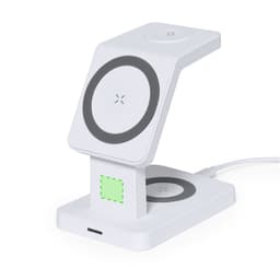 A white wireless charger with a sleek, modern design featuring two charging pads and a subtle LED indicator.