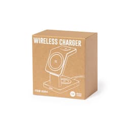 A wireless charger in a brown box, featuring a modern design and a simple logo.