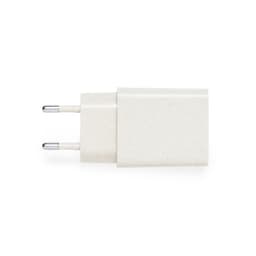 A USB car charger in a light cream colour with two prongs and a smooth finish, featuring a logo.