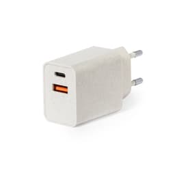 A USB car charger in a white speckled design with a USB-C and USB-A port. Features a branding logo.
