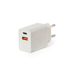 A USB car charger in a light grey colour, featuring one USB-A port and one USB-C port, with a logo.