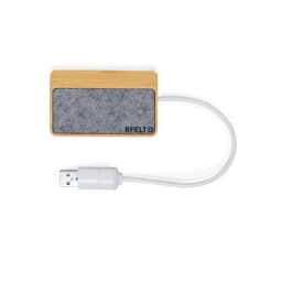 A rectangular USB drive with a wooden finish and a grey felt surface, connected to a white USB cable.
