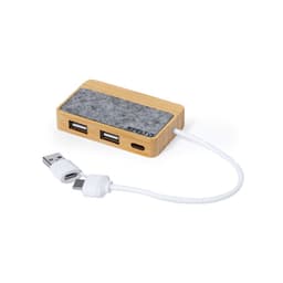 A bamboo USB hub with a grey felt top, featuring two standard USB ports and one USB-C port.