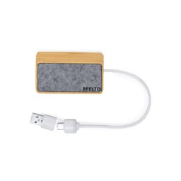 A bamboo USB drive with a grey felt surface and a white cable, featuring a logo on one side.