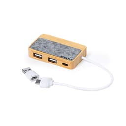A bamboo USB hub featuring a felt top, two USB ports, and a USB-C connection. Includes a white cable.