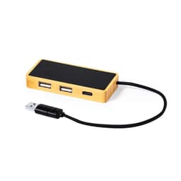 A bamboo USB hub with two standard USB ports and one USB-C port, featuring a black top and a connecting cable.