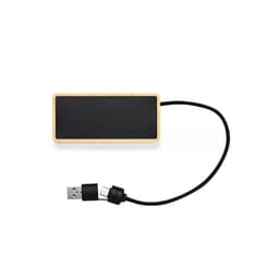 A wooden USB drive with a black surface and a USB cable attached, featuring a logo on it.