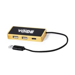 A bamboo USB hub featuring two standard USB ports and one USB-C port, connected by a black cable.