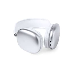 Silver headphones with white padding and a white headband, featuring a branding logo on the side.