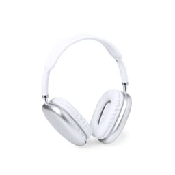 A pair of white and silver headphones with soft ear cushions and adjustable headband, featuring a logo.