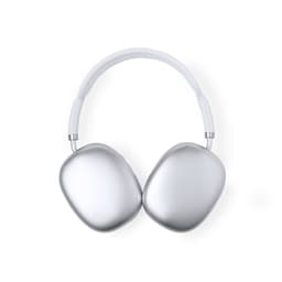 A pair of silver headphones with a white headband, featuring a sleek and modern design. The product has a logo present.