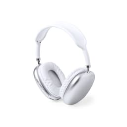 White headphones with silver accents, featuring cushioned ear cups and a flexible headband. Includes a logo.