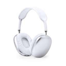 A pair of sleek white headphones with silver accents and cushioned ear pads, featuring a logo on the side.
