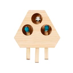 A hexagonal wooden game board with three holes, featuring colourful game pieces, including blue and white designs.