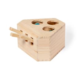 A wooden toy box with three holes on top and chopsticks attached, featuring a natural wood finish.