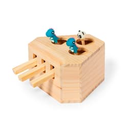 A wooden toy with three holes and colourful dinosaur and panda figures popping out, designed for play and engagement.
