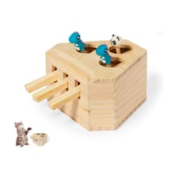 A wooden game featuring animal figures and holes for interactive play, designed for children's fun.