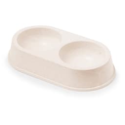 A beige double pet bowl with a flat base and rounded edges, featuring two compartments for food or water.