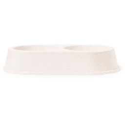 A double pet bowl in a light beige colour, featuring a curved design with two separate compartments.