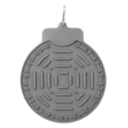 A grey Pudle Feeding Pillow featuring a textured, circular design with a hanging attachment.