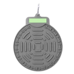 A grey feeding pillow with a textured surface and a hanging clip. Features a simple design with raised patterns for pets.
