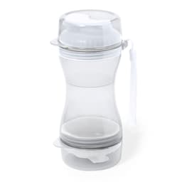 A clear drink bottle with a twist cap, featuring a built-in compartment, and a loop for easy carrying.