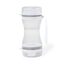 A clear drink bottle with a twist-off cap, featuring a sleek design and a built-in compartment for storage.