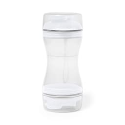 A clear plastic drink bottle with a white lid and base, featuring a sleek, curved design. It has a logo on it.