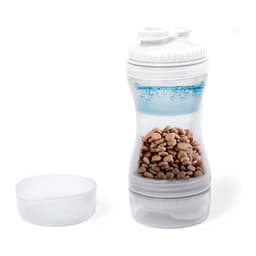 A drink bottle featuring a curved design with a transparent section displaying light brown pet treats and a separate lid.